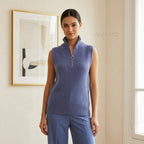 Max&Moi Cashmere Blend Ribbed Sleeveless Sweater with Quarter-Zip - Dusty Blue