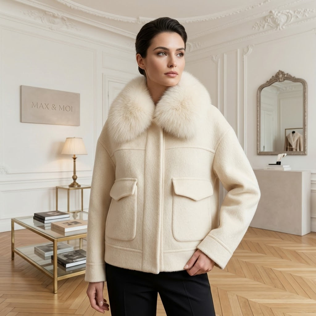 Max & Moi Luxury Off-White Wool & Cashmere Jacket with Detachable Real Fur Collar