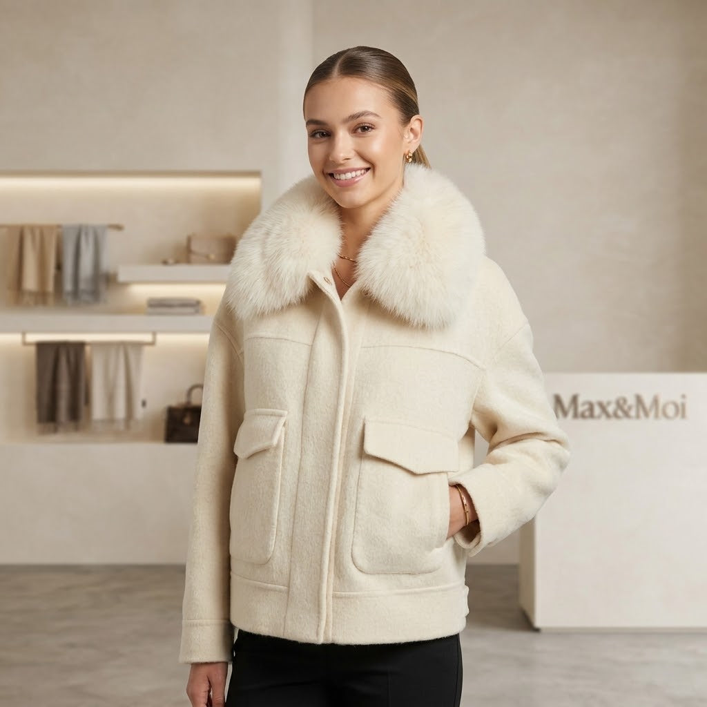 Max & Moi Luxury Off-White Wool & Cashmere Jacket with Detachable Real Fur Collar