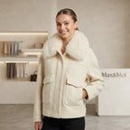 Max & Moi Luxury Off-White Wool & Cashmere Jacket with Detachable Real Fur Collar