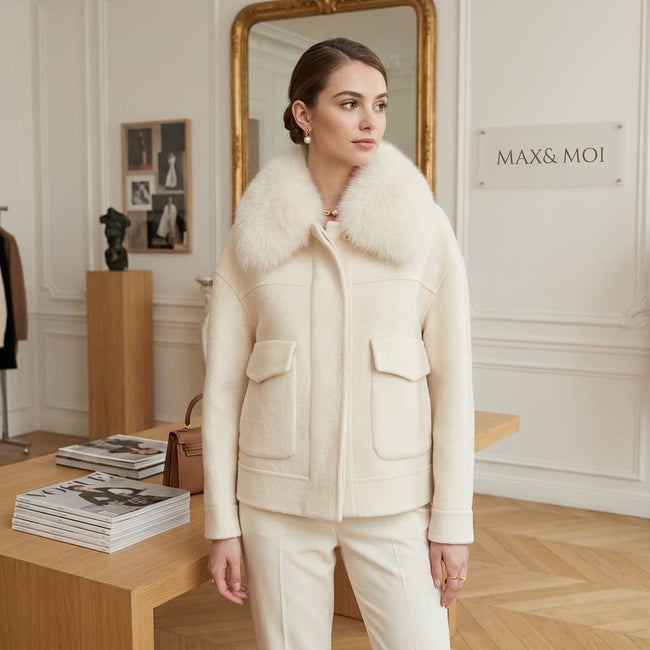 Max & Moi Luxury Off-White Wool & Cashmere Jacket with Detachable Real Fur Collar Hover Image