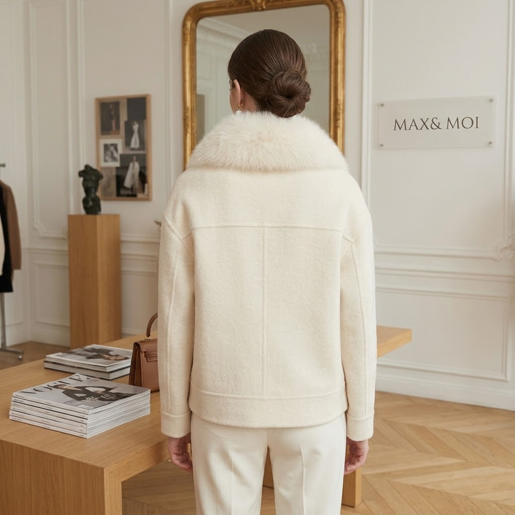 Max & Moi Luxury Off-White Wool & Cashmere Jacket with Detachable Real Fur Collar