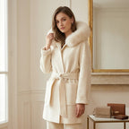 Max & Moi Luxury Off-White Wool & Cashmere Hooded Coat with Real Fox Fur Trim & Belt