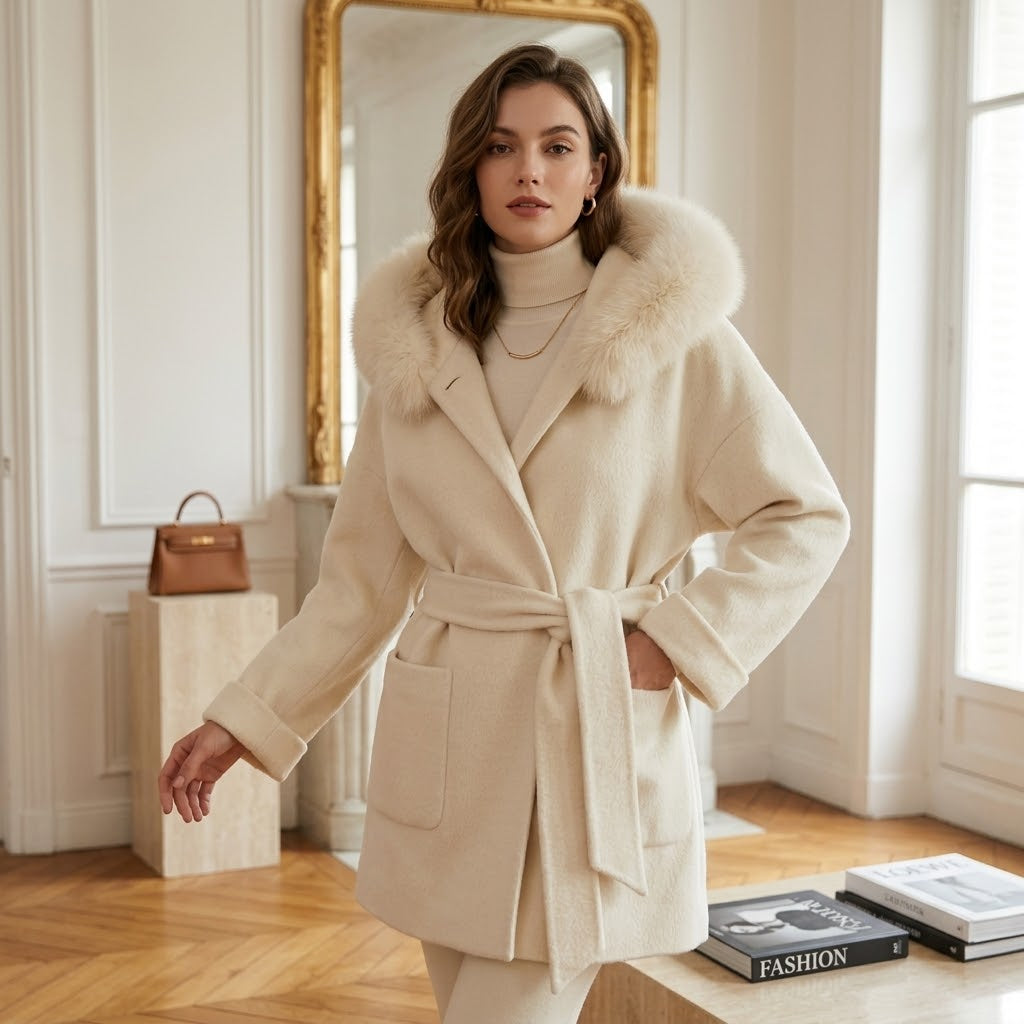 Max & Moi Luxury Off-White Wool & Cashmere Hooded Coat with Real Fox Fur Trim & Belt