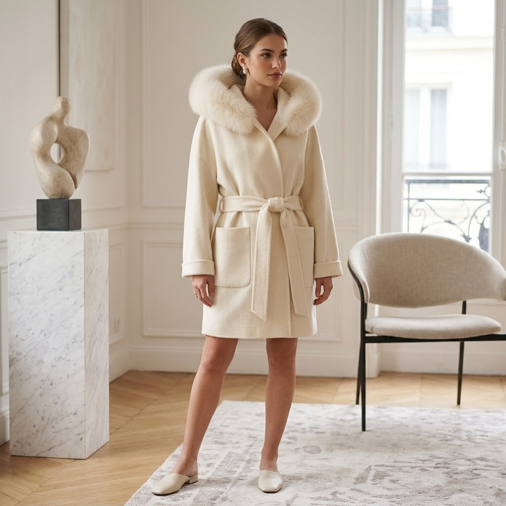 Max & Moi Luxury Off-White Wool & Cashmere Hooded Coat with Real Fox Fur Trim & Belt