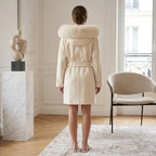 Max & Moi Luxury Off-White Wool & Cashmere Hooded Coat with Real Fox Fur Trim & Belt