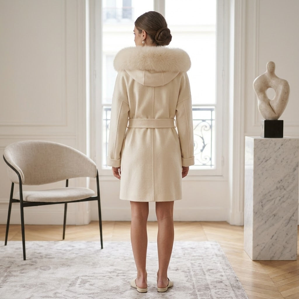 Max & Moi Luxury Off-White Wool & Cashmere Hooded Coat with Real Fox Fur Trim & Belt