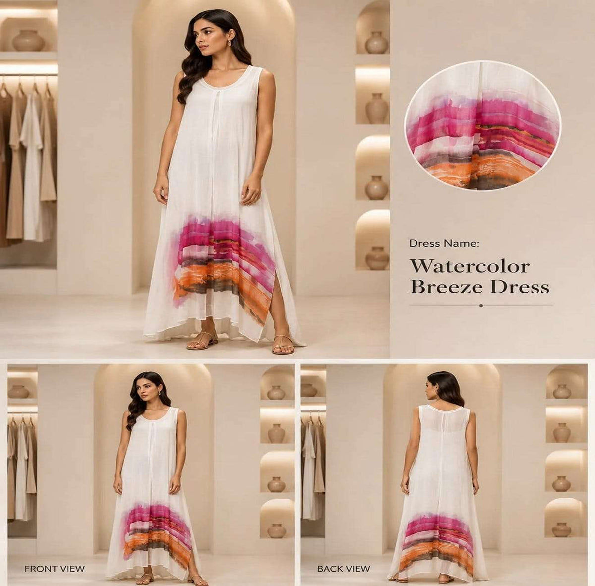 Watercolor Breeze Sleeveless Maxi Dress – White Multicolor Printed Flowy Summer Dress