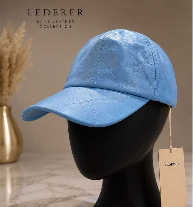 Sky Blue Genuine Lamb Leather Baseball Cap – Adjustable Premium Unisex Cap Hover Image