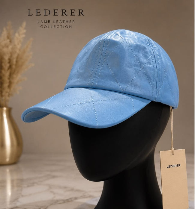 Sky Blue Genuine Lamb Leather Baseball Cap – Adjustable Premium Unisex Cap Hover Image