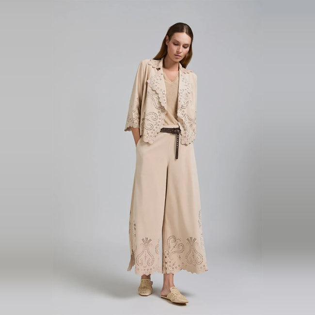Tricot Chic BEIGE LASER CUT HEM WIDE LEG TROUSERS Hover Image