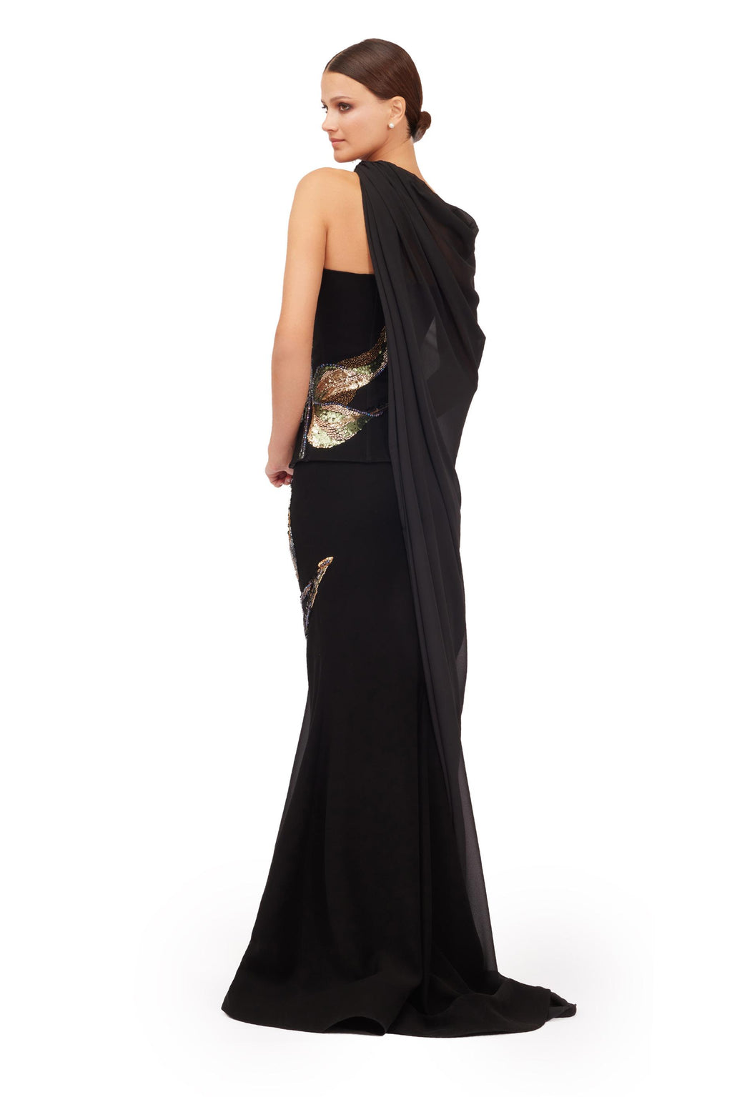 Midnight Bloom One-Shoulder Embellished Evening Gown with Draped Cape