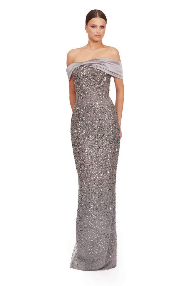 Celeste Silver Off-Shoulder Sequin Mermaid Evening Gown Hover Image