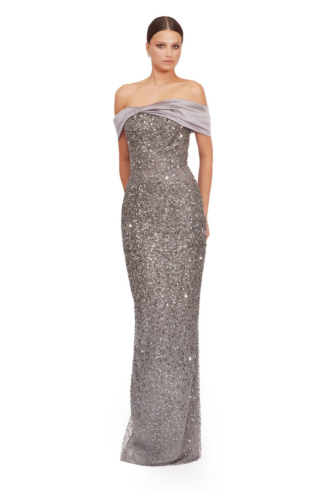 Celeste Silver Off-Shoulder Sequin Mermaid Evening Gown Hover Image