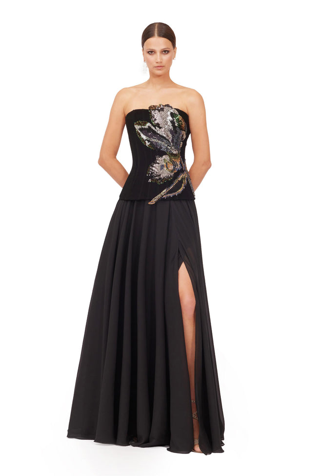 Noir Bloom Strapless Embellished Corset Gown with High Slit Hover Image