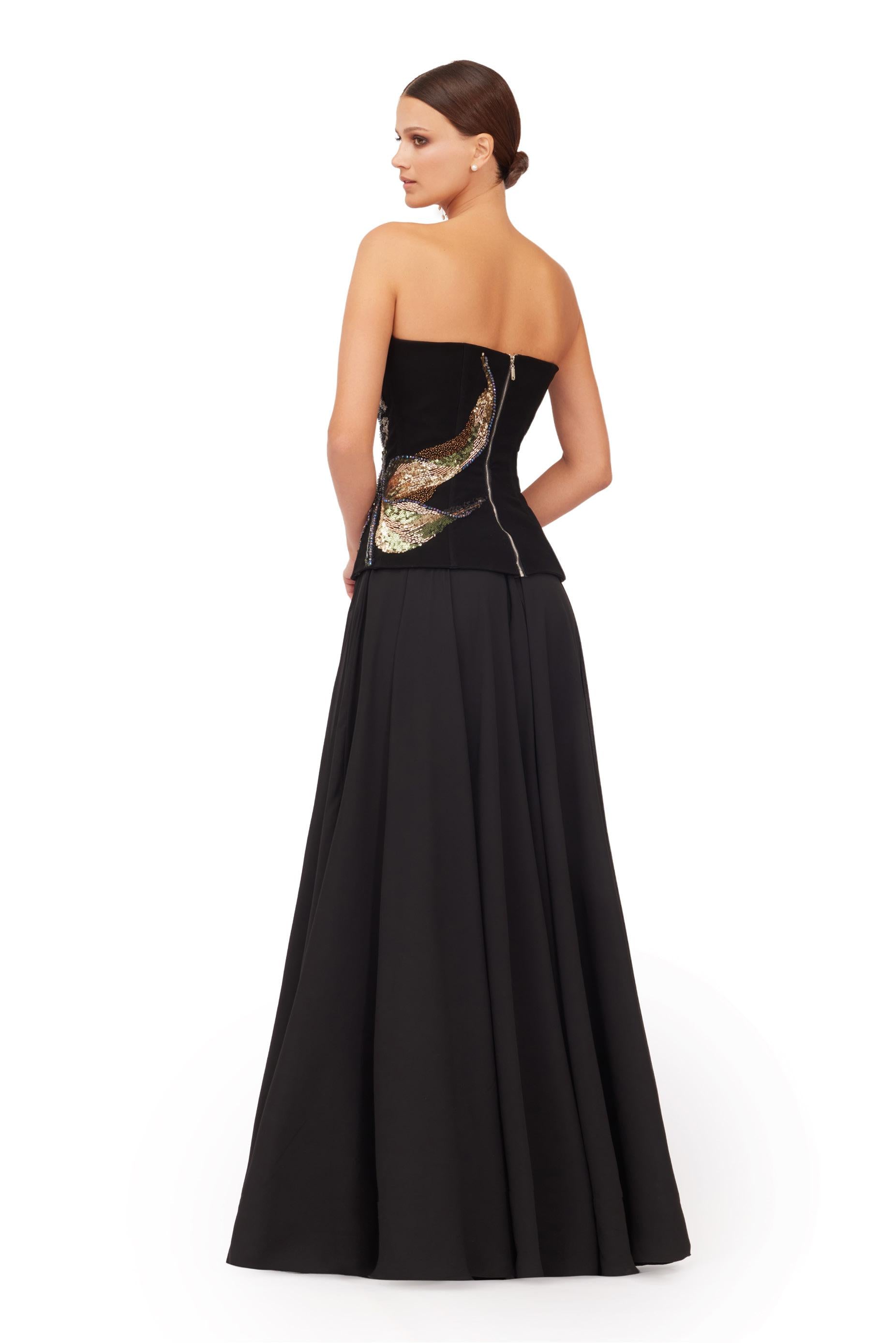 Noir Bloom Strapless Embellished Corset Gown with High Slit