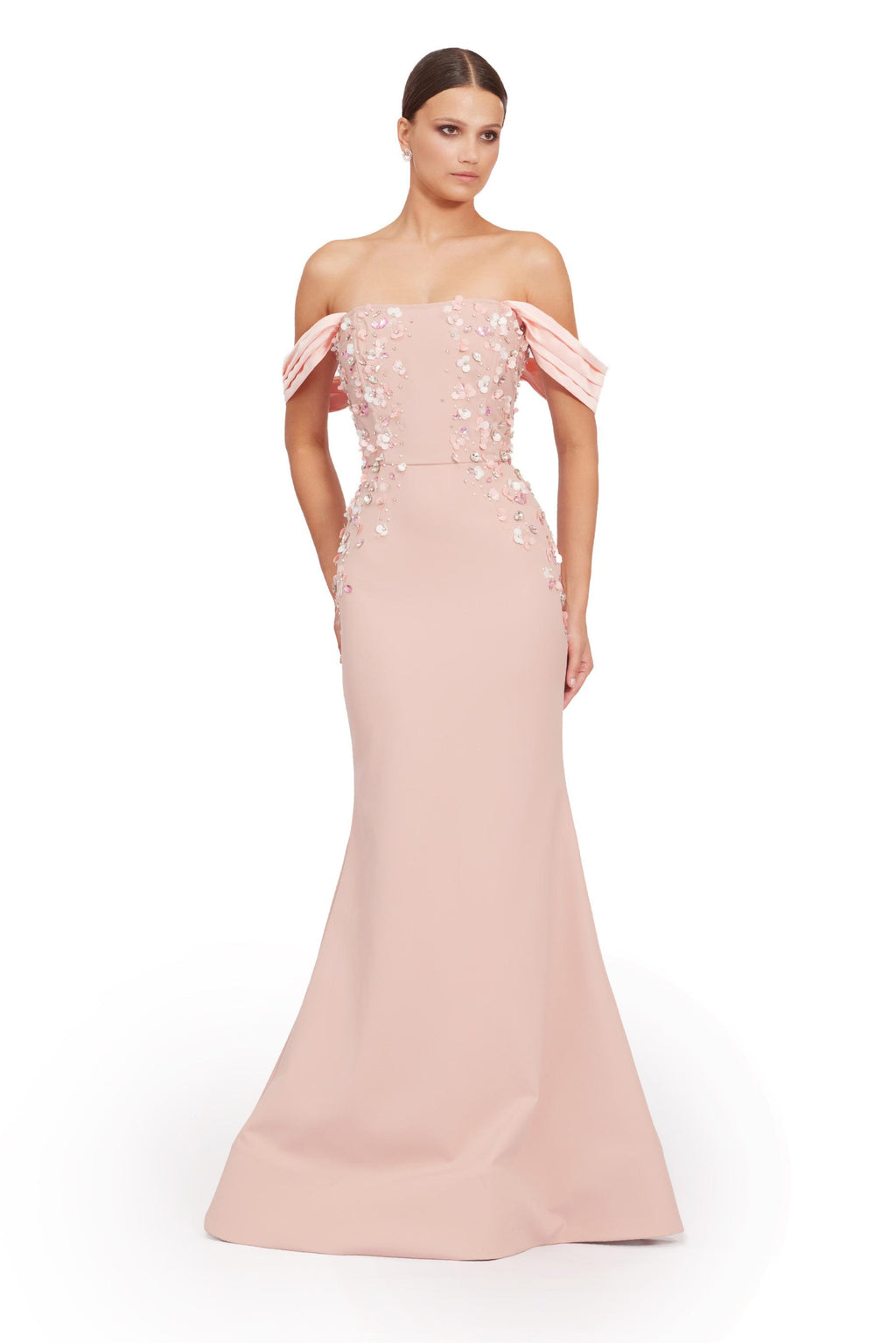 Blush Pink Off-Shoulder Floral Embellished Mermaid Evening Gown
