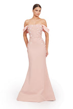 Blush Pink Off-Shoulder Floral Embellished Mermaid Evening Gown