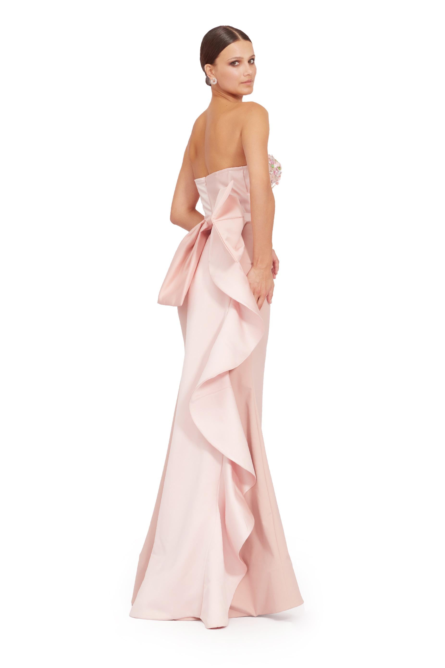 Blush Pink Strapless Embellished Sweetheart Mermaid Evening Gown with Statement Bow