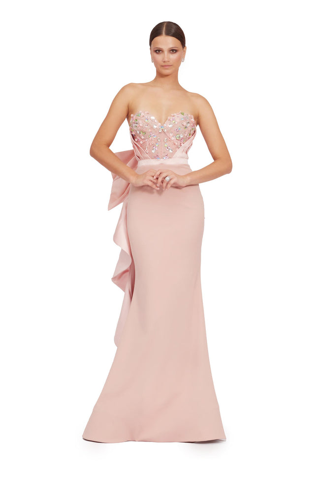 Blush Pink Strapless Embellished Sweetheart Mermaid Evening Gown with Statement Bow Hover Image