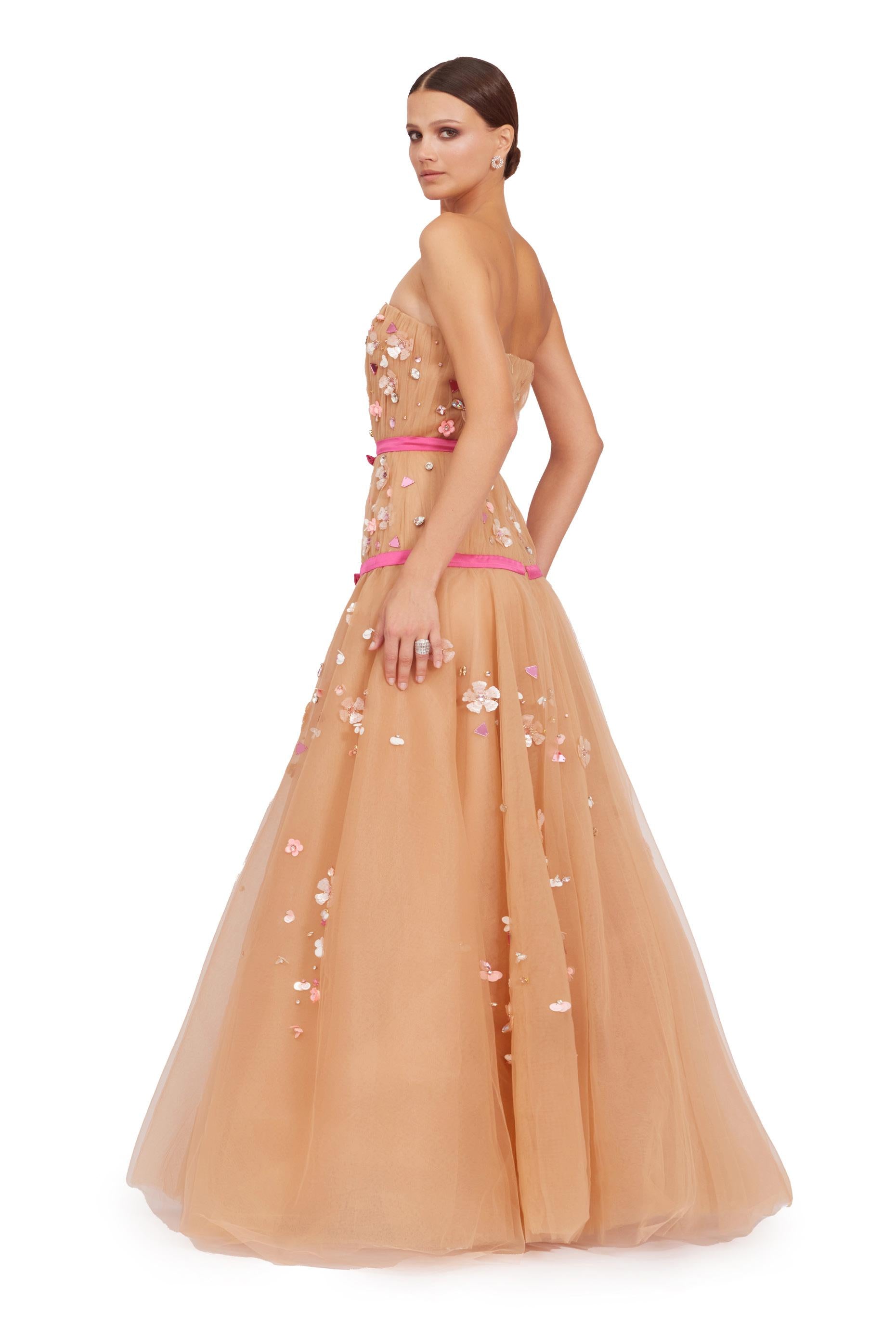 Champagne Strapless Floral Embellished Tulle Ball Gown with Pink Ribbo – Parker Robinson