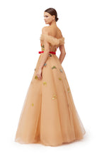 Champagne Off-Shoulder Floral Embroidered Tulle Ball Gown with Red Satin Waistband