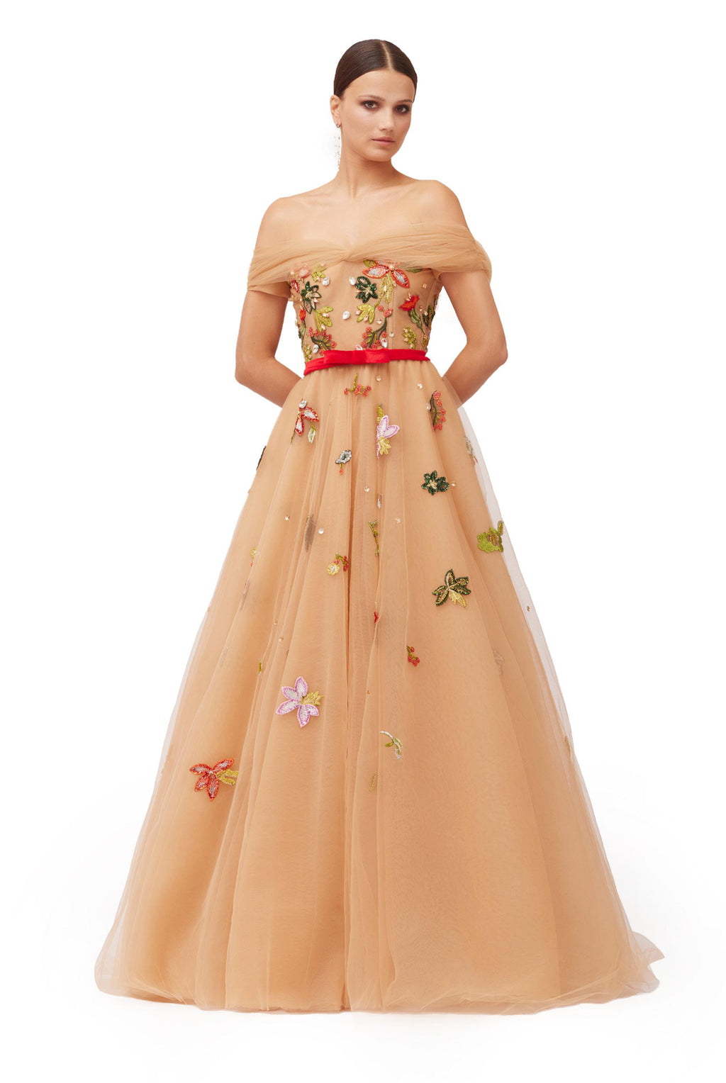 Champagne Off-Shoulder Floral Embroidered Tulle Ball Gown with Red Satin Waistband