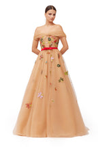 Champagne Off-Shoulder Floral Embroidered Tulle Ball Gown with Red Satin Waistband