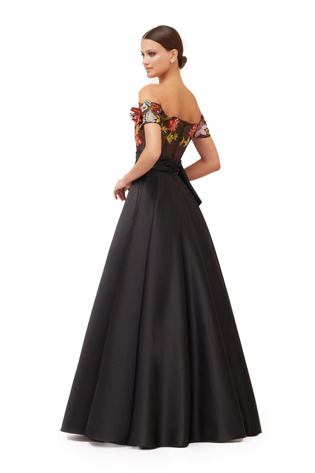 Black Off-Shoulder Floral Embroidered Ball Gown with Satin Oversized Bow Main Image