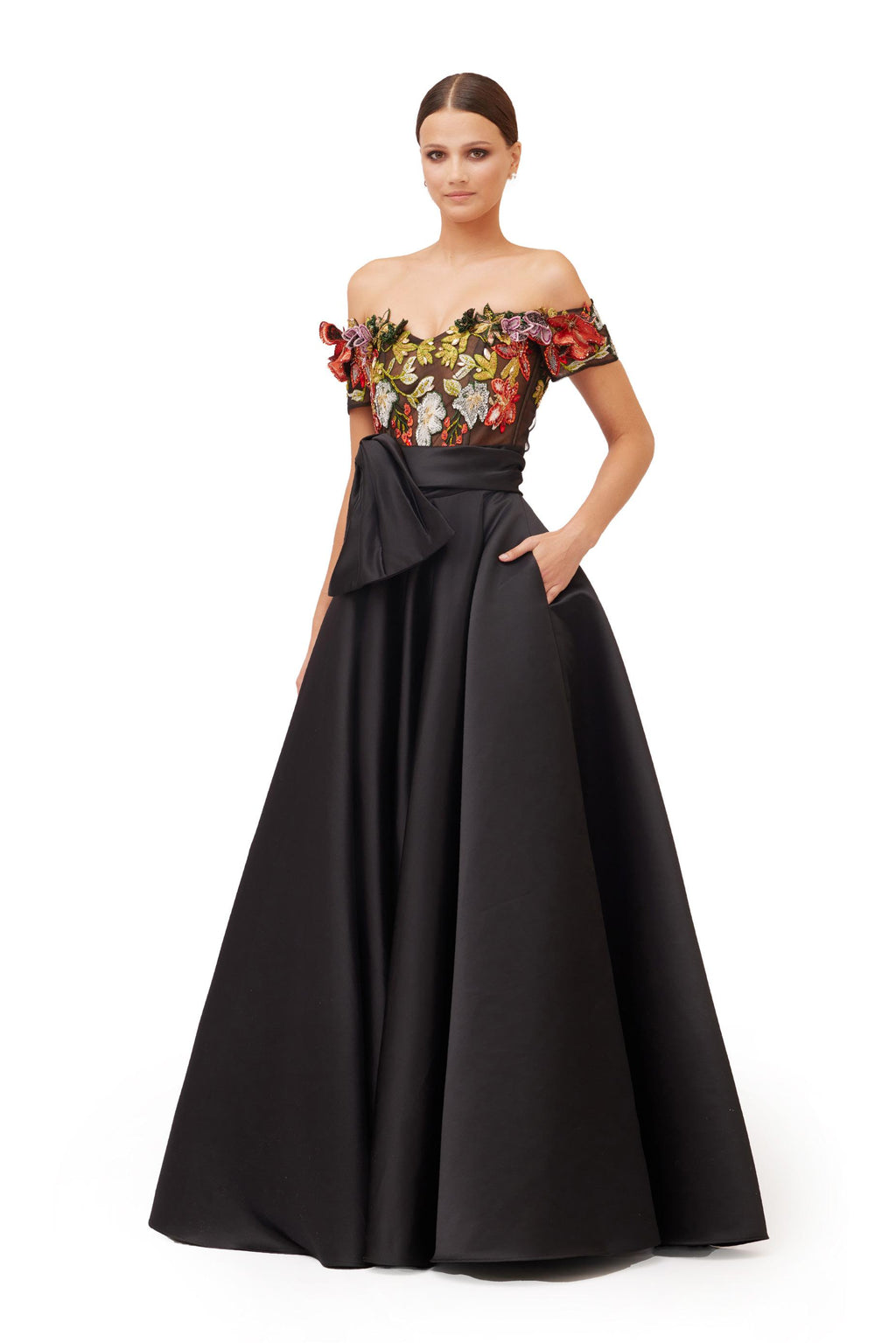 Black Off-Shoulder Floral Embroidered Ball Gown with Satin Oversized Bow