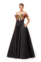 Black Off-Shoulder Floral Embroidered Ball Gown with Satin Oversized Bow