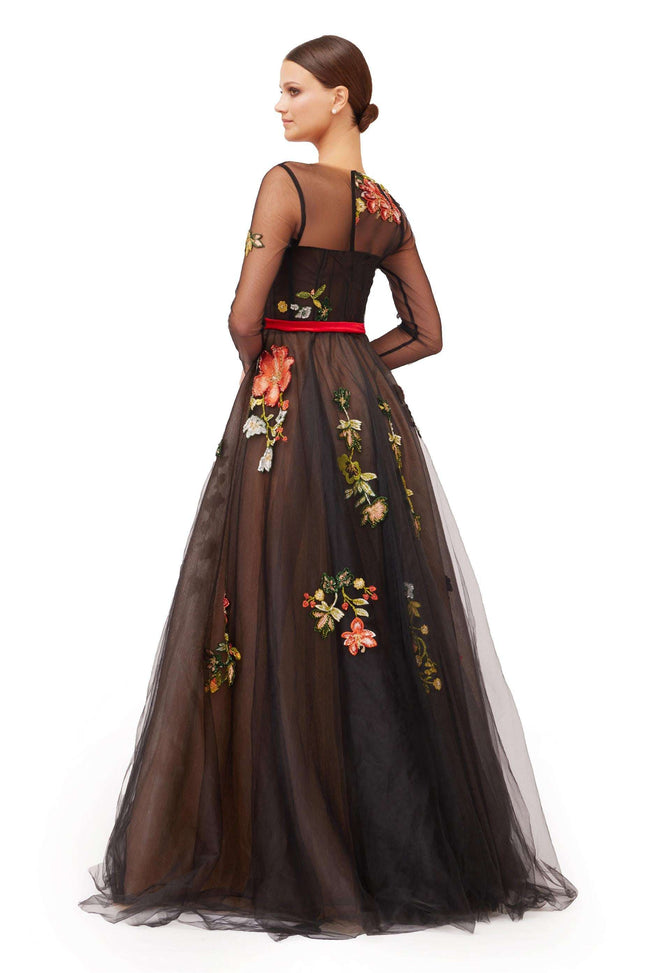 Black Illusion Floral Embroidered Tulle Ball Gown with Long Sleeves & Red Satin Belt Main Image