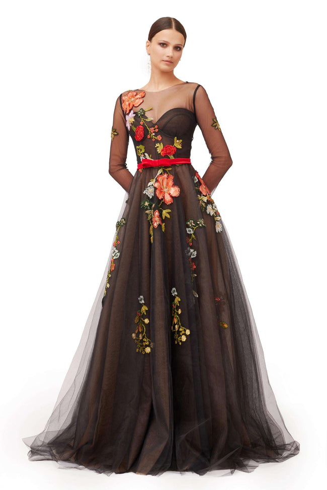 Black Illusion Floral Embroidered Tulle Ball Gown with Long Sleeves & Red Satin Belt Hover Image