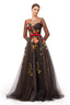 Black Illusion Floral Embroidered Tulle Ball Gown with Long Sleeves & Red Satin Belt
