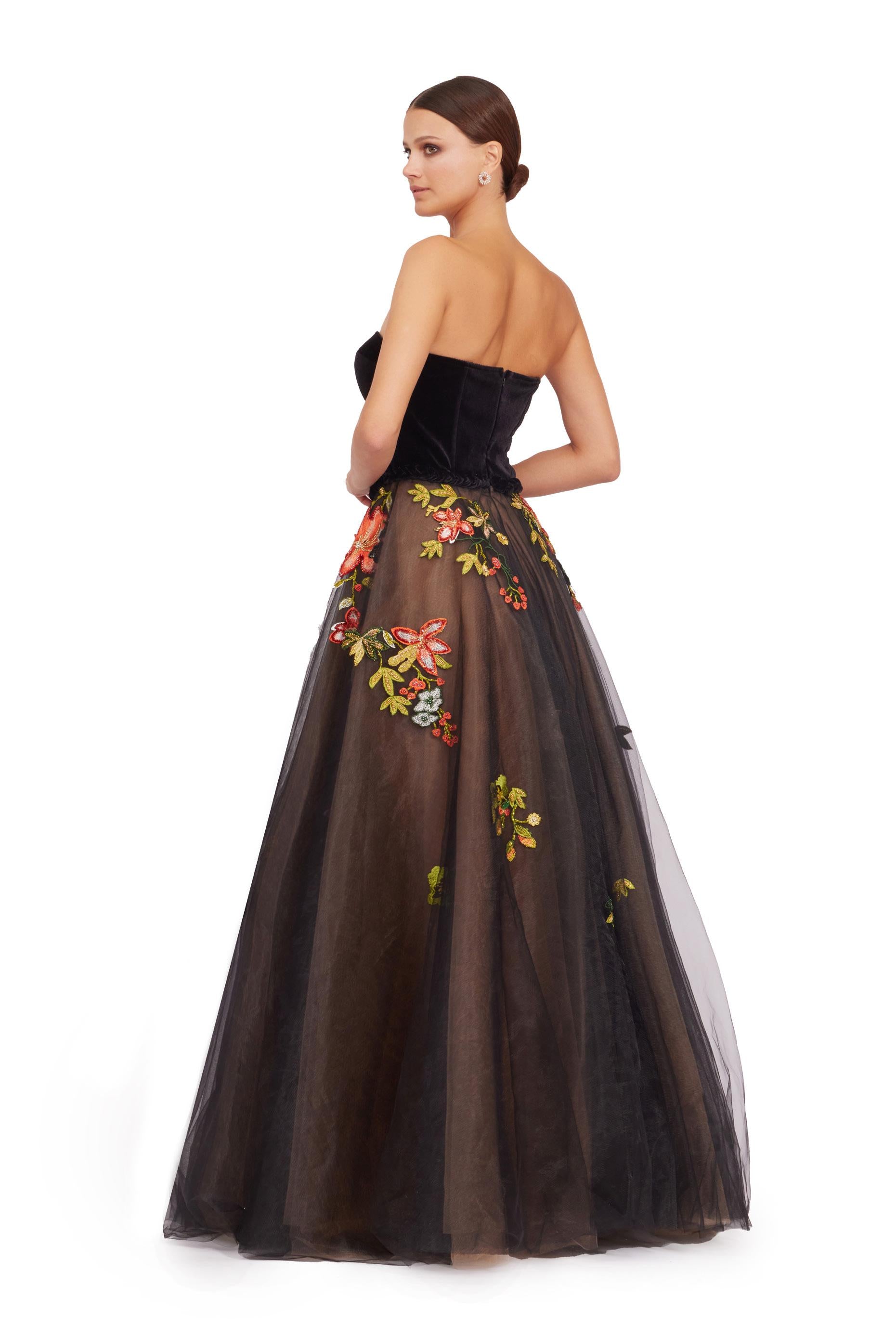 Black Strapless Velvet Bodice Floral Embroidered Tulle Ball Gown