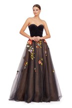 Black Strapless Velvet Bodice Floral Embroidered Tulle Ball Gown