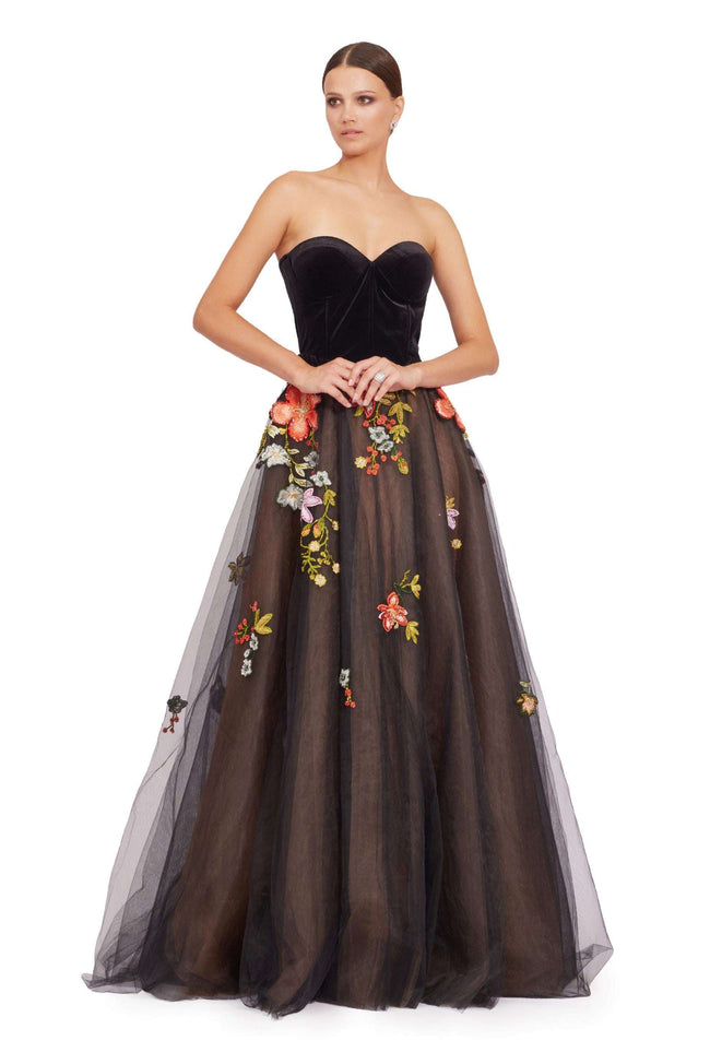 Black Strapless Velvet Bodice Floral Embroidered Tulle Ball Gown Hover Image