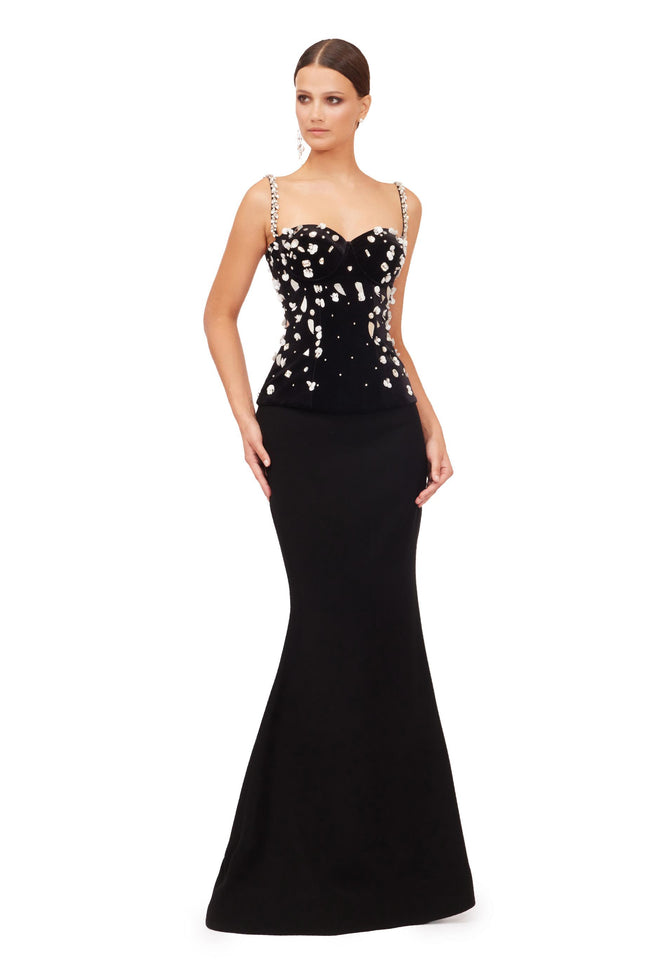 Black Crystal Embellished Sweetheart Mermaid Evening Gown with Beaded Straps Hover Image