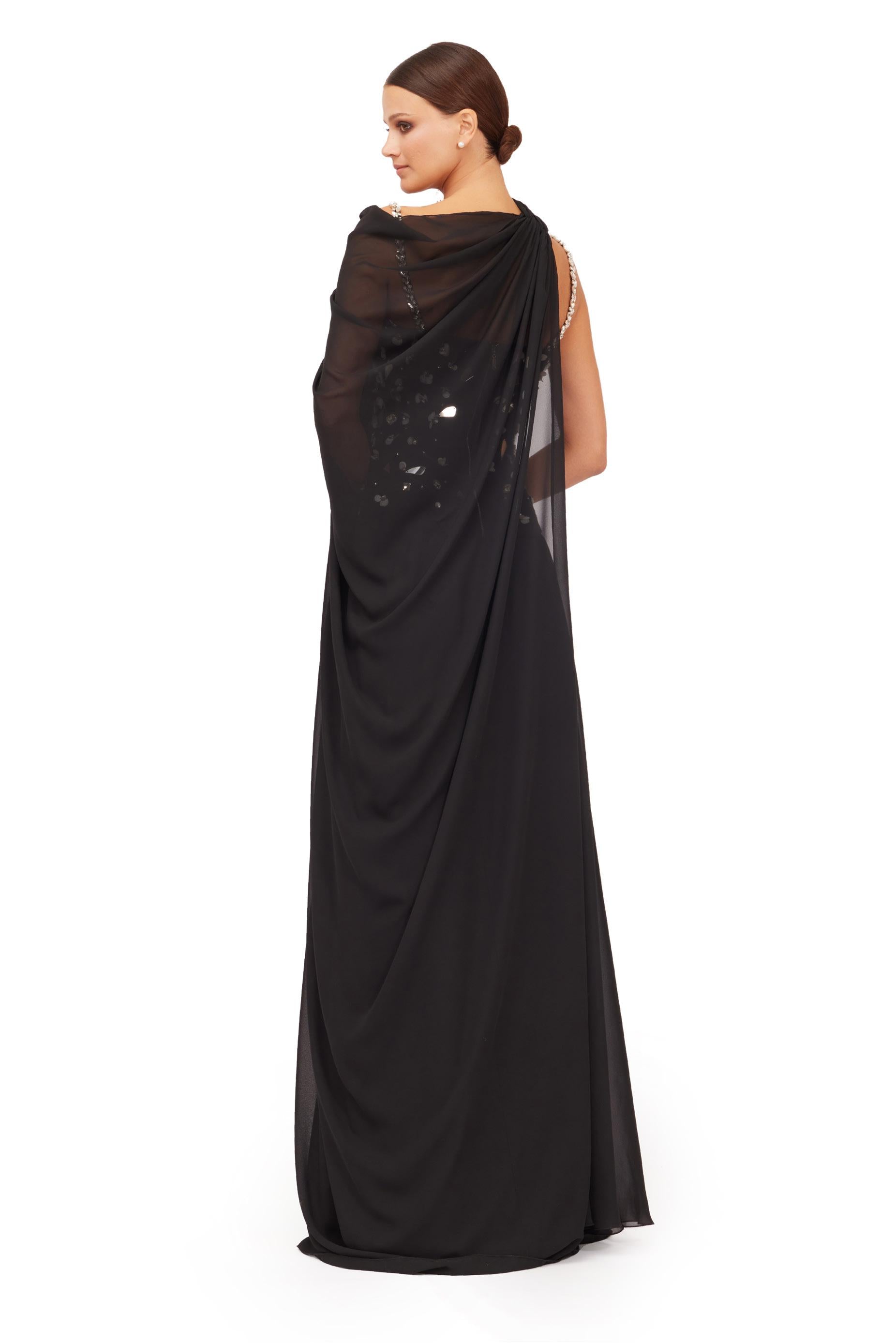 Black Crystal Embellished Sweetheart Chiffon Evening Gown with Draped Shoulder Scarf