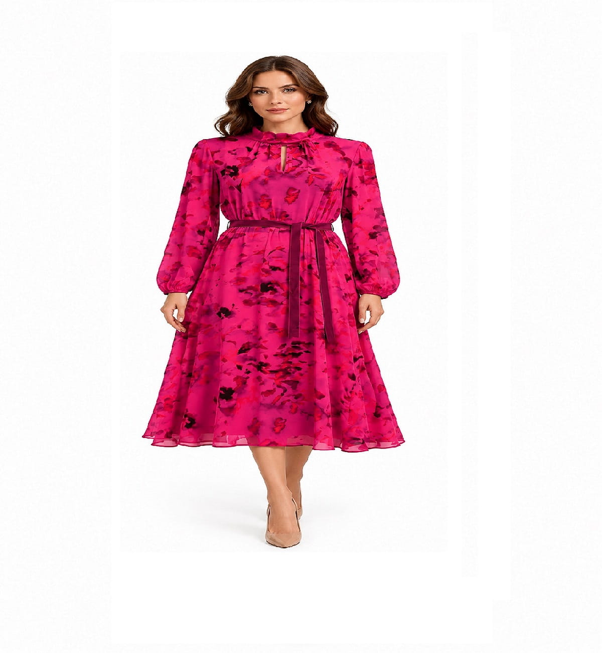 Fuchsia Floral Print Belted High-Neck Midi Dress