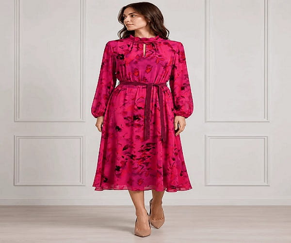 Fuchsia Floral Print Belted High-Neck Midi Dress Hover Image