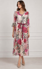 Rose Garden Floral Chiffon Midi Dress with Waist Tie Belt