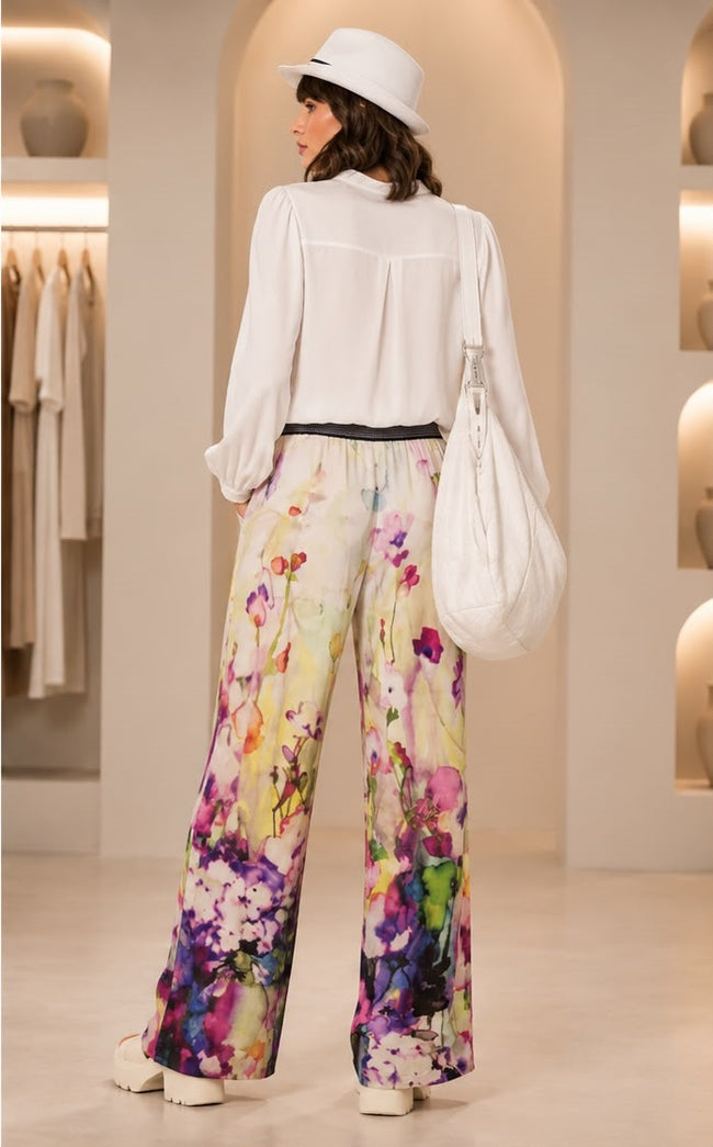 Watercolor Floral Wide-Leg Pants with Relaxed White Blouse – Women's Resort Wear Two-Piece Set Main Image