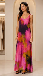 Sunset Watercolor Sleeveless Maxi Dress – Women's Abstract Print Flowy Resort Dress