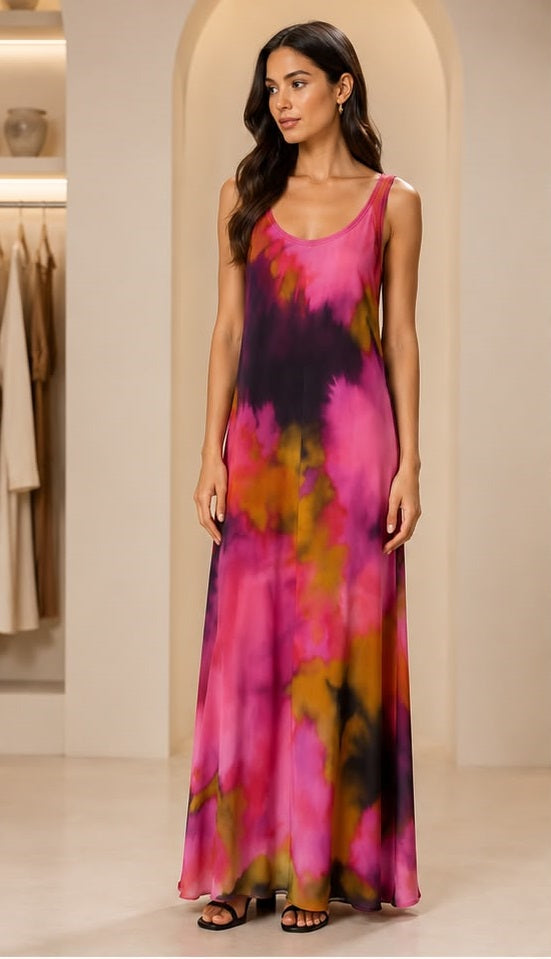 Sunset Watercolor Sleeveless Maxi Dress – Women's Abstract Print Flowy Resort Dress Hover Image