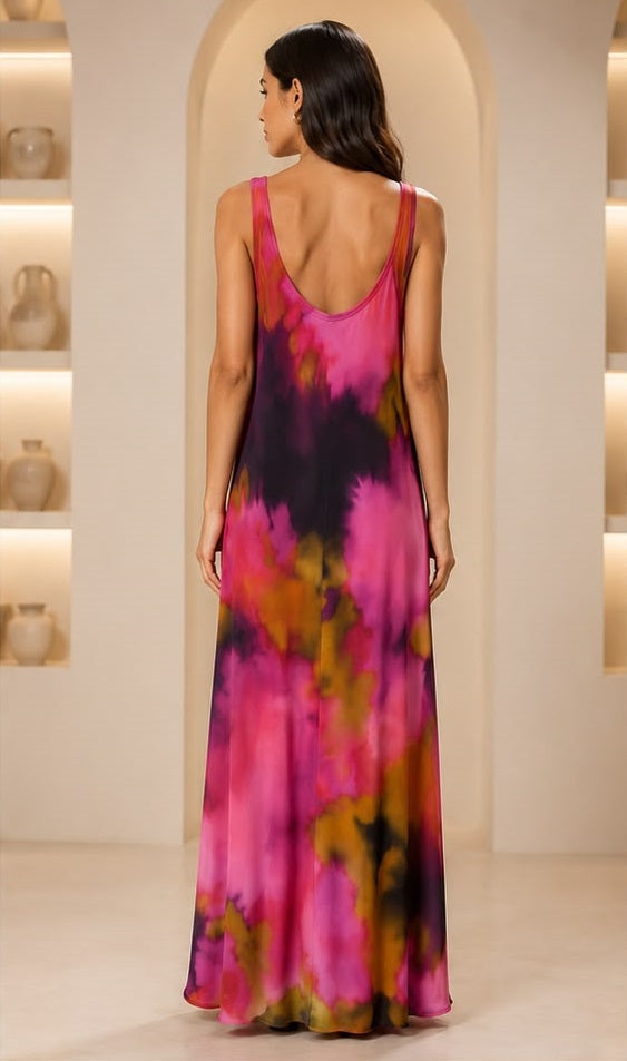 Sunset Watercolor Sleeveless Maxi Dress – Women's Abstract Print Flowy Resort Dress Main Image