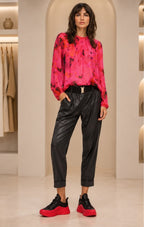 Fuchsia Abstract Print Long Sleeve Blouse – Women's Lightweight Gathered Neck Top