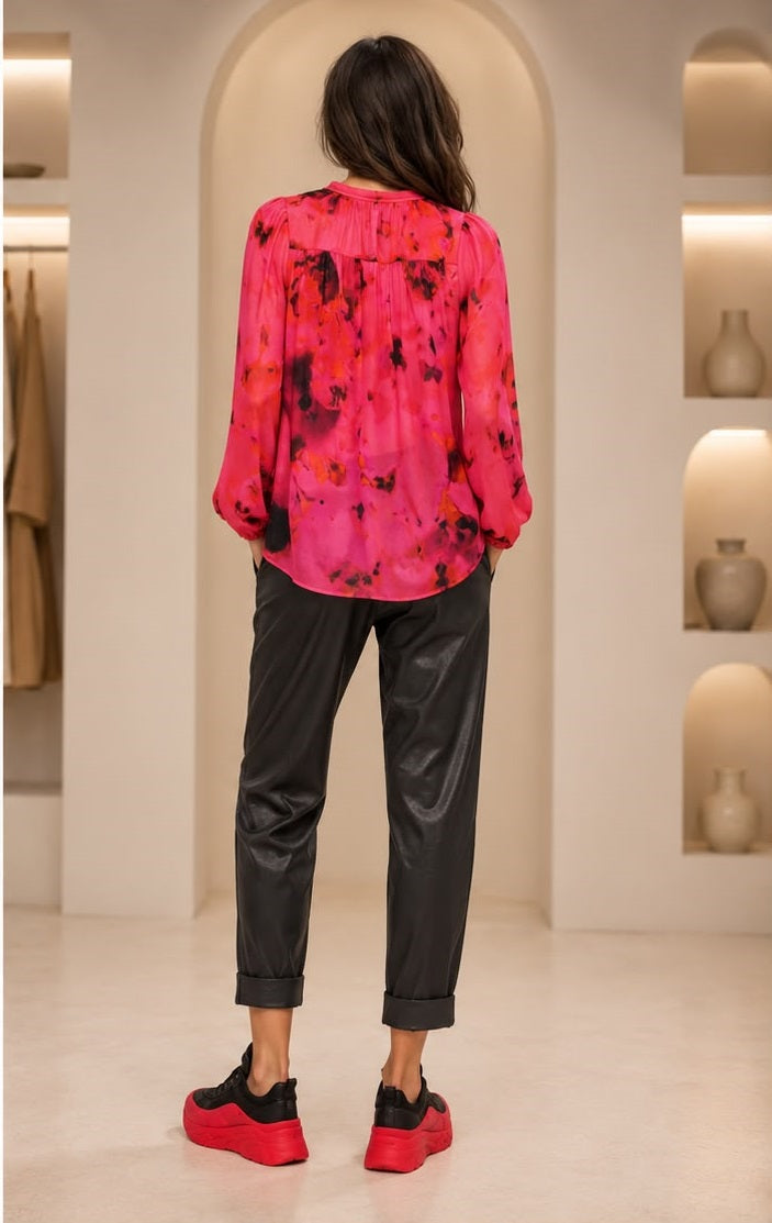 Fuchsia Abstract Print Long Sleeve Blouse – Women's Lightweight Gathered Neck Top