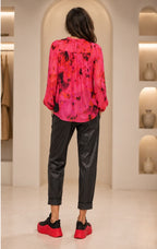 Fuchsia Abstract Print Long Sleeve Blouse – Women's Lightweight Gathered Neck Top
