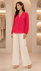 Fuchsia Flow Long Sleeve Blouse – Elegant Women's V-Neck Chiffon Top